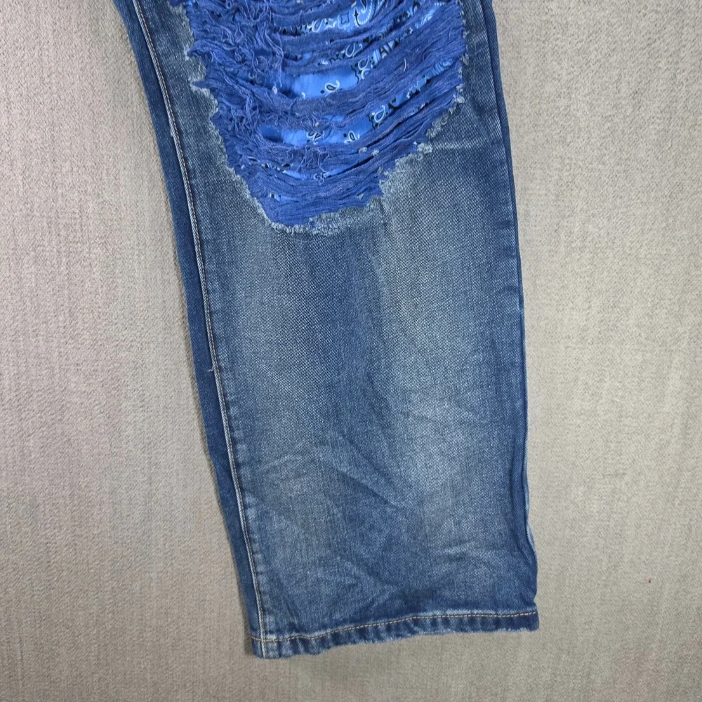 Rutherford Distressed Jeans Men 38 Blue Paisley Bandana Patch Streetwear Denim
